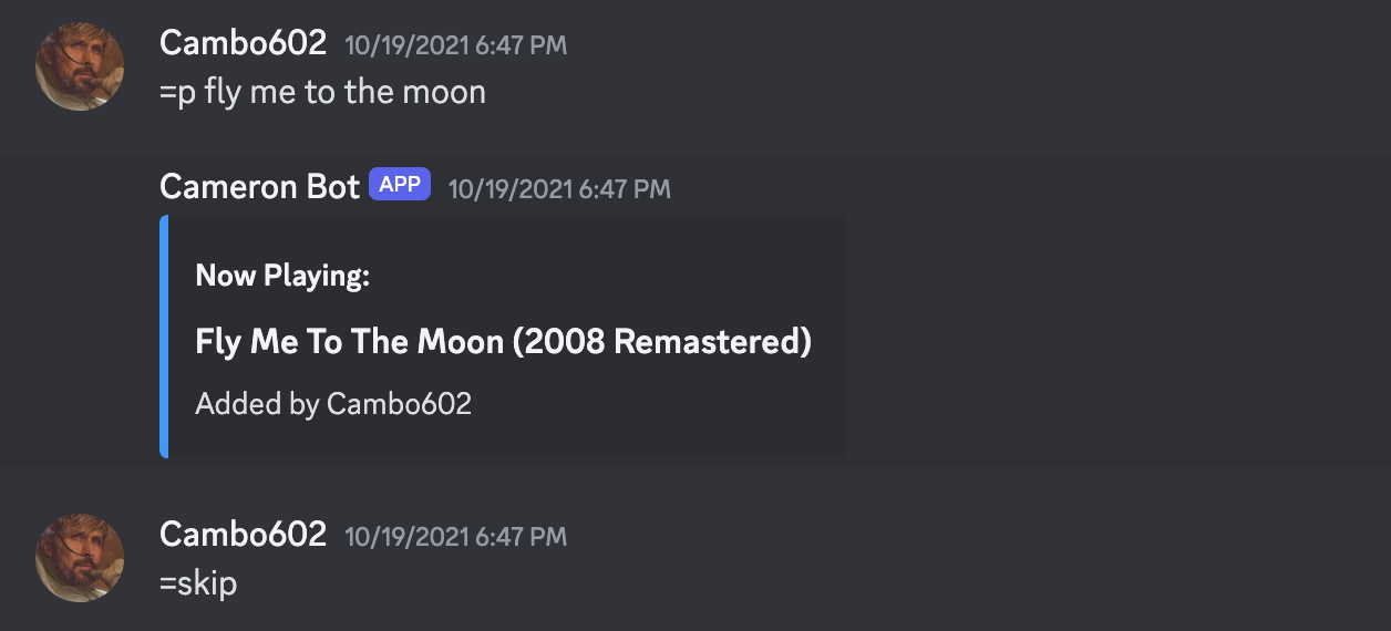 An example of the bot taking input, and playing a song
