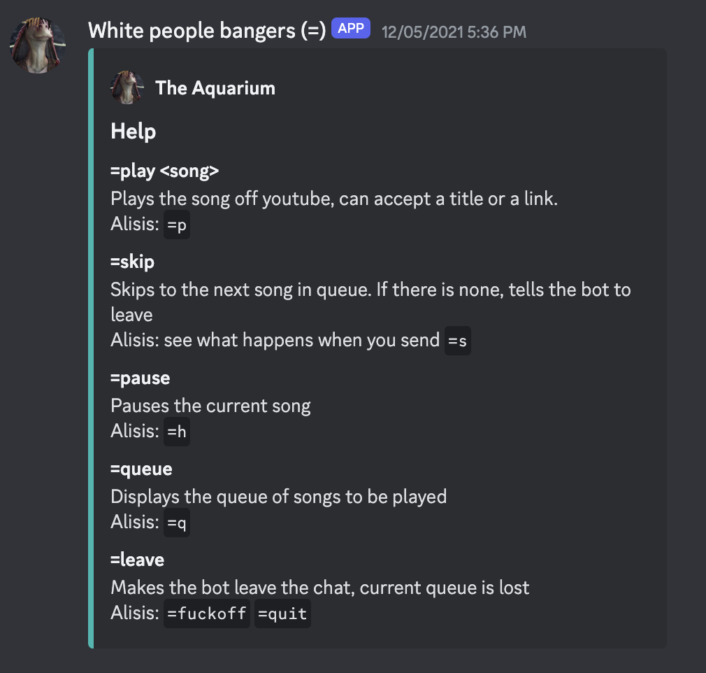 A list of supported bot commands